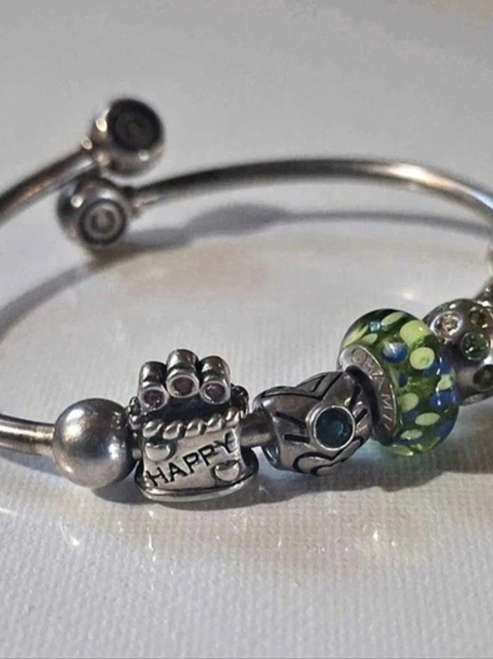 Chamilia "Happy Birthday" Sterling Silver Open Bangle with Mixed Beads and Charm